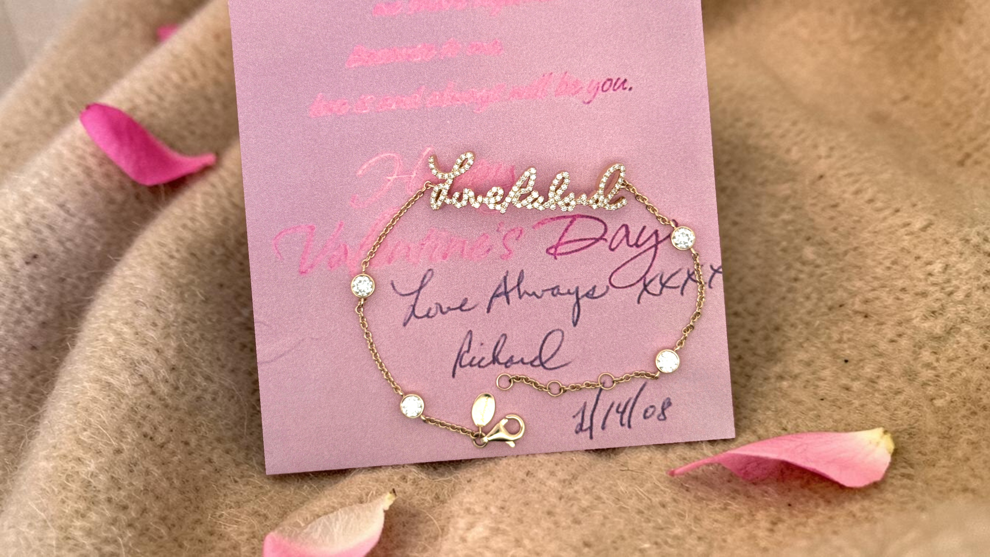 Love Richard love note letter turned into gold and diamond pave bracelet with large bezel set diamonds.  A treasured heirloom keepsake, one-of-a-kind and unique