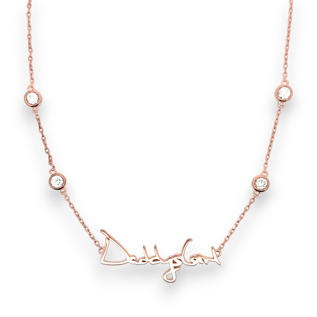 Your handwritten words rest close to the heart,
To gaze upon and to hold when you are apart

14K yellow, white or rose gold
2mm thick
1.3mm diamond-cut chain w/ adjustable loops for 16, 17 &amp;amp; 18 inch length
Four ethically-sourced, bezel-set round diamonds (total weight: ~0.64 cts)
Pendant height and length vary by piece, and will be approved by you prior to crafting