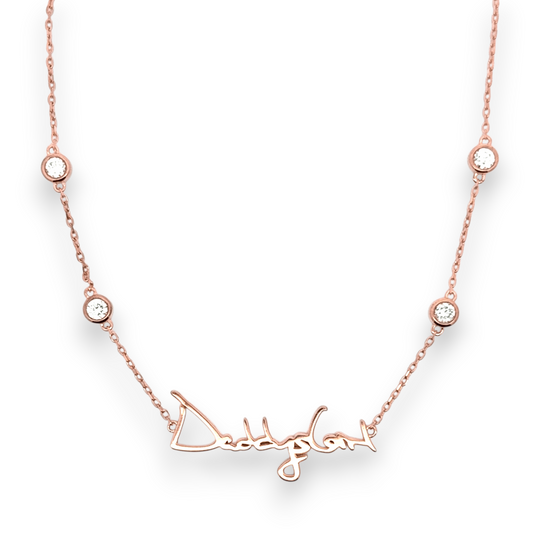 Your handwritten words rest close to the heart,
To gaze upon and to hold when you are apart

14K yellow, white or rose gold
2mm thick
1.3mm diamond-cut chain w/ adjustable loops for 16, 17 &amp;amp; 18 inch length
Four ethically-sourced, bezel-set round diamonds (total weight: ~0.64 cts)
Pendant height and length vary by piece, and will be approved by you prior to crafting