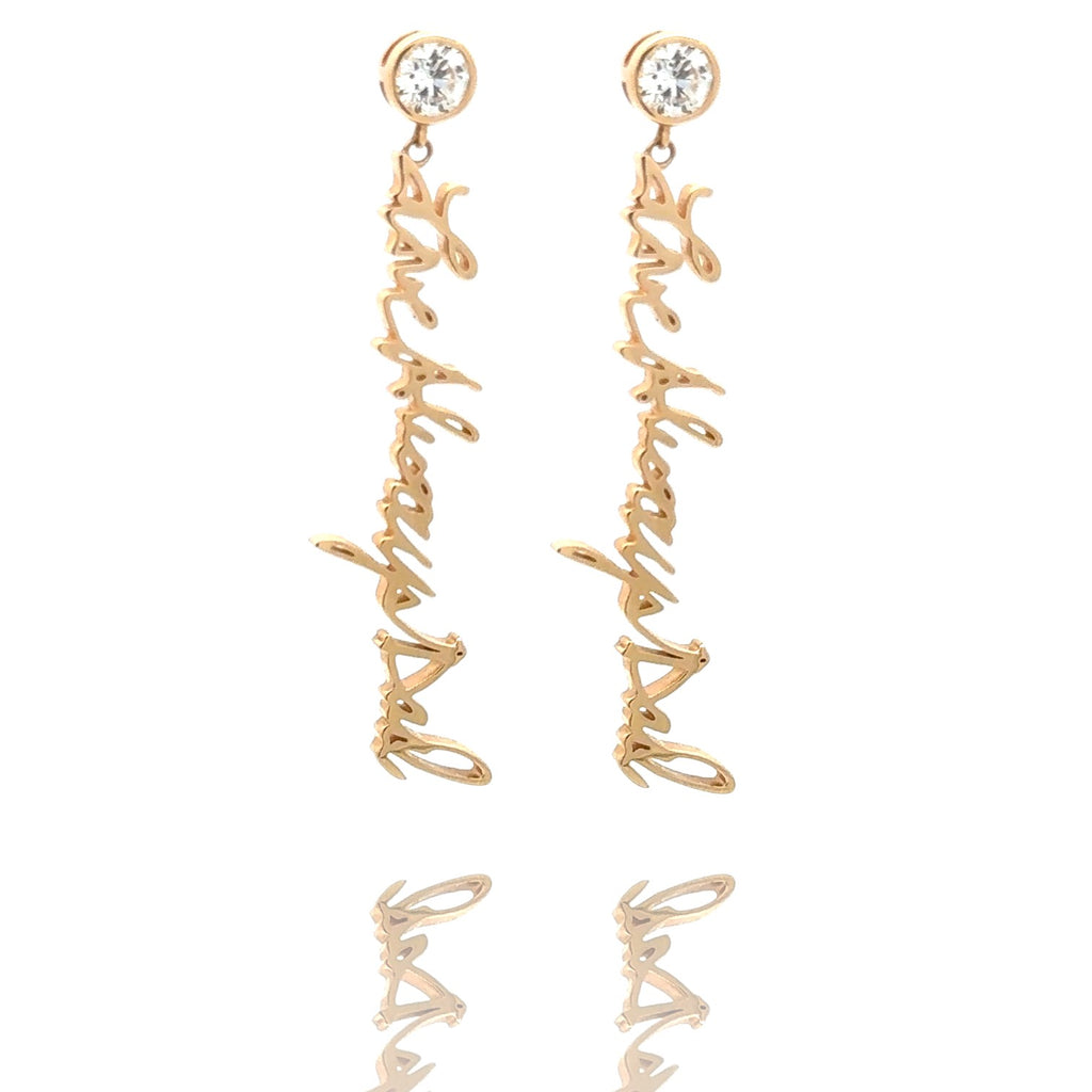 Handwritten earrings in thick 14K gold dangle from sparkling half carat diamond studs. Each piece we make is custom and we will ensure your approval of the CAD design prior to production.  Separated words, letters and punctuation may require adjustments to create a continuous piece.