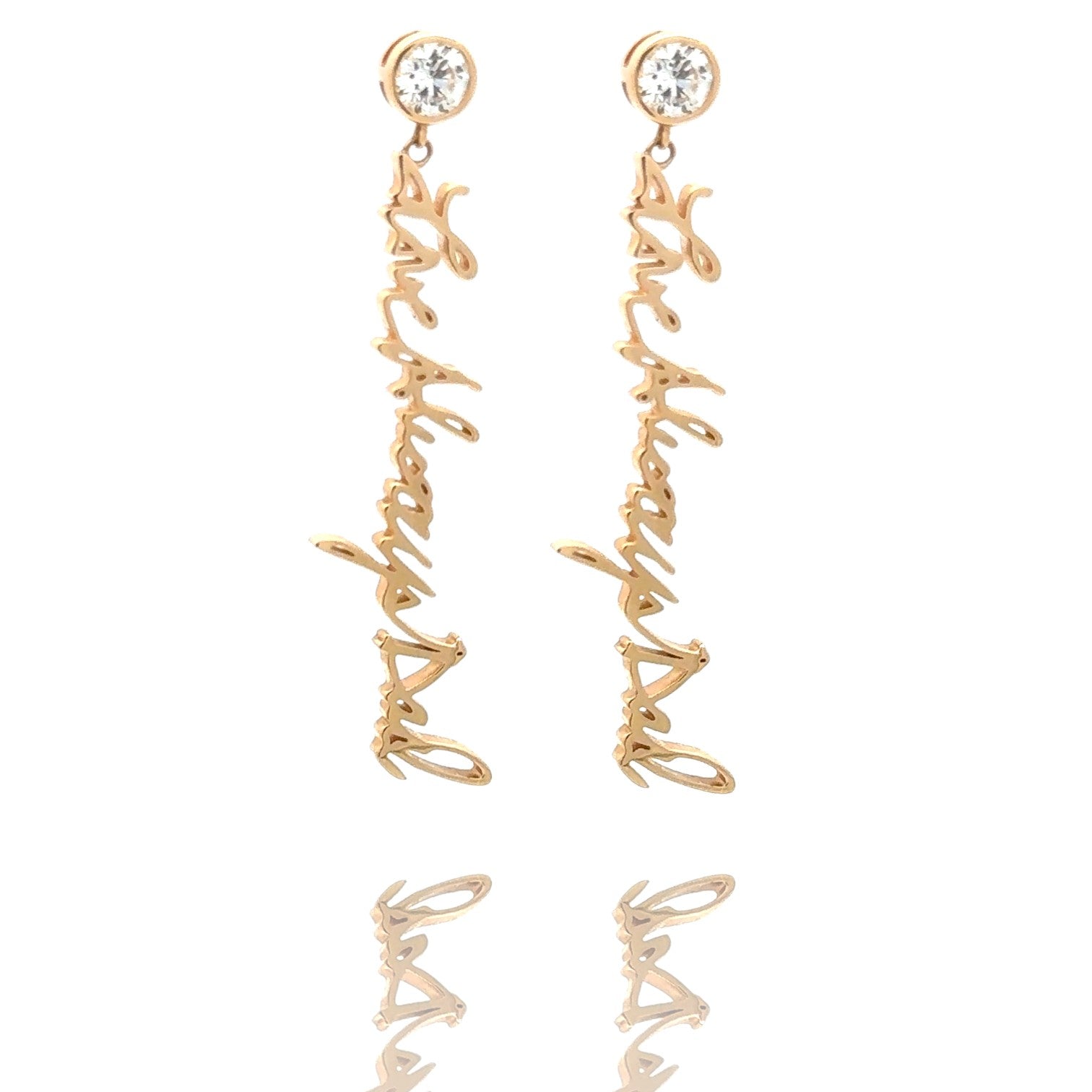 Handwritten earrings in thick 14K gold dangle from sparkling half carat diamond studs. Each piece we make is custom and we will ensure your approval of the CAD design prior to production.  Separated words, letters and punctuation may require adjustments to create a continuous piece.
