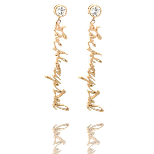 Handwritten earrings in thick 14K gold dangle from sparkling half carat diamond studs. Each piece we make is custom and we will ensure your approval of the CAD design prior to production.  Separated words, letters and punctuation may require adjustments to create a continuous piece.
