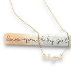 Your unique handwritten necklace in thick 14K gold, encrusted in pave diamonds, on an adjustable 18" diamond-cut chain featuring four sparkling bezel-set diamonds. All of our pieces are cast in 14K yellow, white, or rose gold and all of them include diamonds.