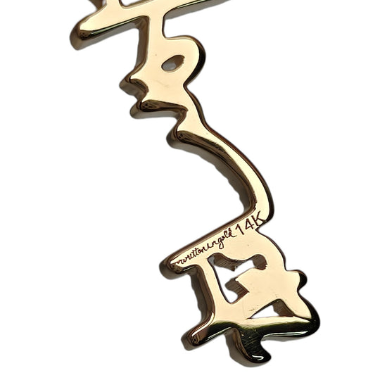 Unique handwritten earrings in thick 14K gold, encrusted in pave diamonds, dangle from sparkling half carat diamond studs. Casting, Custom Engrave. Customization. Custom Bracelets, Necklaces and Earrings. 