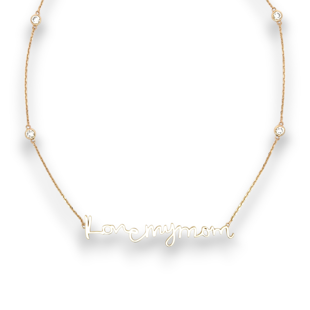 I love my mom, Mothers Day handwritten custom yellow 14K gold necklace with bezel set diamonds.  Keepsake treasure, personalized engraved