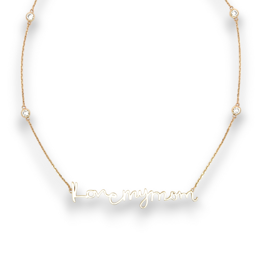 I love my mom, Mothers Day handwritten custom yellow 14K gold necklace with bezel set diamonds.  Keepsake treasure, personalized engraved
