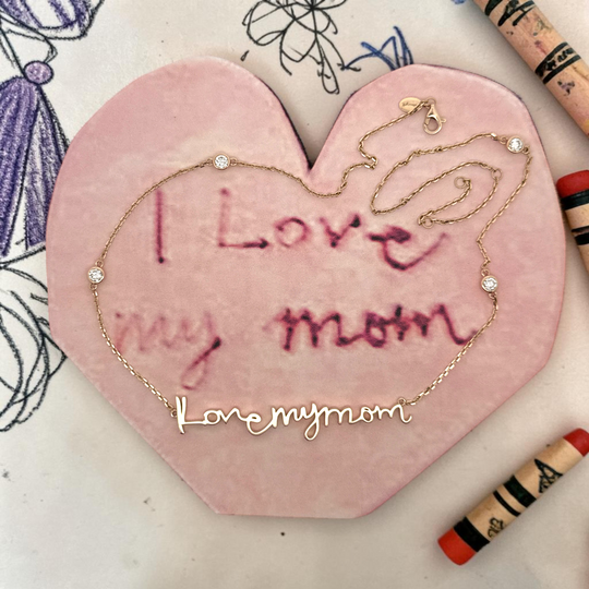 I love my mom, Mothers Day handwritten custom yellow 14K gold necklace with bezel set diamonds.  Keepsake treasure, personalized engraved with heart message from child