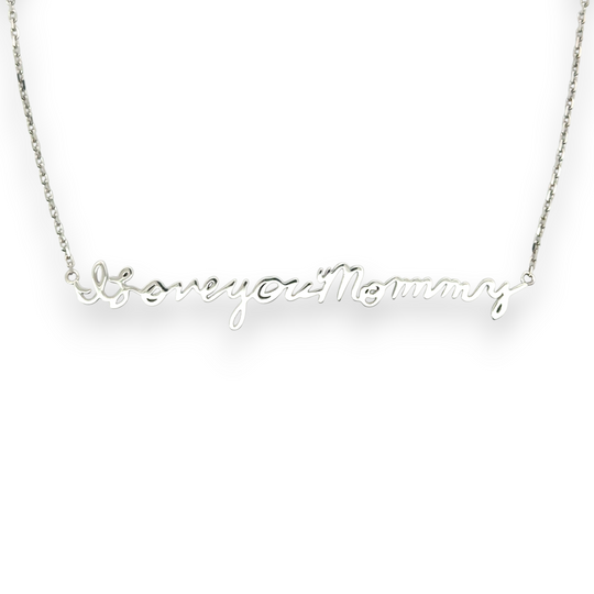 our handwritten words rest close to the heart,
To gaze upon and to hold when you are apart

14K yellow, white or rose gold
2mm thick
1.3mm diamond-cut chain w/ adjustable loops for 16, 17 &amp;amp; 18 inch length
Four ethically-sourced, bezel-set round diamonds (total weight: ~0.64 cts)
Pendant height and length vary by piece, and will be approved by you prior to crafting