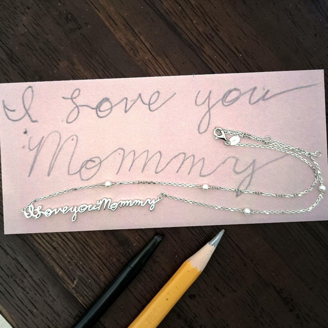 Your handwritten words rest close to the heart,
To gaze upon and to hold when you are apart

14K yellow, white or rose gold
2mm thick
1.3mm diamond-cut chain w/ adjustable loops for 16, 17 &amp; 18 inch length
Four ethically-sourced, bezel-set round diamonds (total weight: ~0.64 cts)
Pendant height and length vary by piece, and will be approved by you prior to crafting