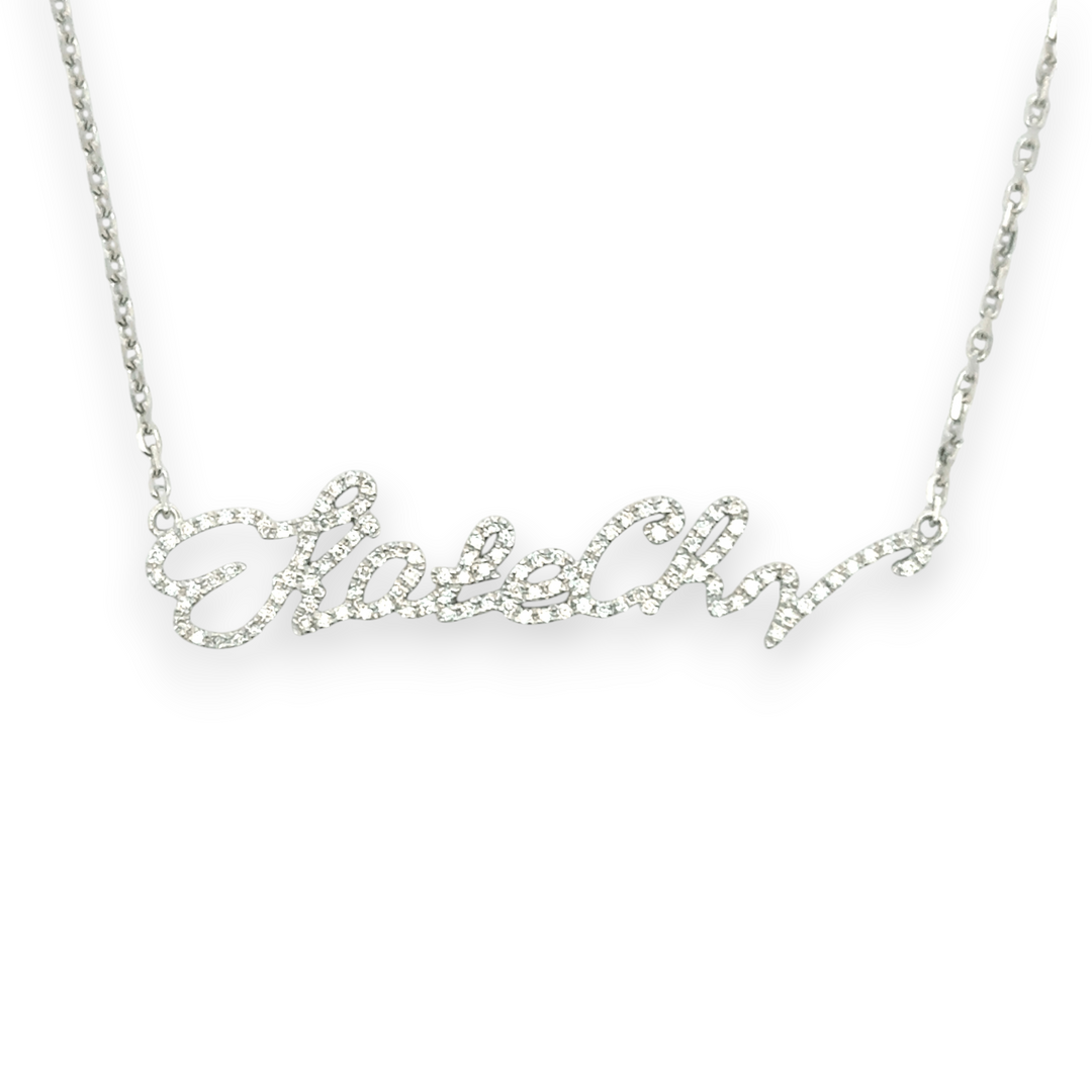 Their handwritten words rest close to the heart,
To gaze upon and to hold when you are apart

14K yellow, white or rose gold
2mm thick
1.3mm diamond-cut chain w/ adjustable loops for 16, 17 &amp;amp; 18 inch length
Four ethically-sourced, bezel-set round diamonds (total weight: ~0.64 cts, excluding pave diamonds)
Pendant height, length and pave diamond weight vary by piece, and will be approved by you prior to crafting