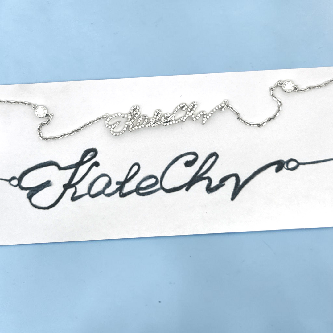 Their handwritten words rest close to the heart,
To gaze upon and to hold when you are apart

14K yellow, white or rose gold
2mm thick
1.3mm diamond-cut chain w/ adjustable loops for 16, 17 &amp;amp; 18 inch length
Four ethically-sourced, bezel-set round diamonds (total weight: ~0.64 cts, excluding pave diamonds)
Pendant height, length and pave diamond weight vary by piece, and will be approved by you prior to crafting