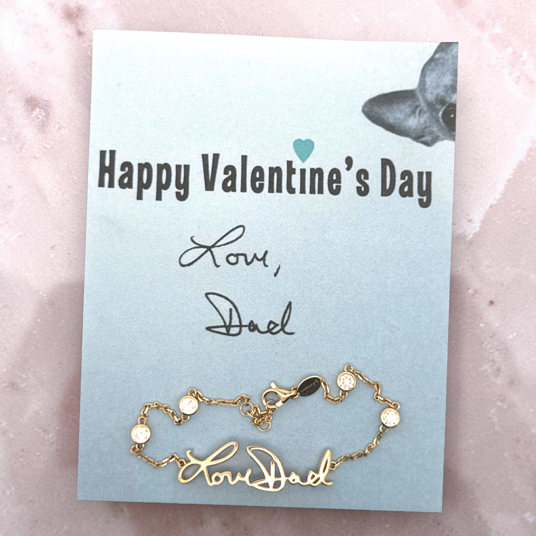 Your handwritten words worn delicately on the wrist,
There to clutch when you are most missed

14K yellow, white or rose gold
2mm thick
1.3mm diamond-cut chain w/ adjustable loops for 6, 6.5 &amp;amp; 7 inch length
Four ethically-sourced, bezel-set round diamonds (total weight: ~0.64 cts)
Pendant height and length vary by piece, and will be approved by you prior to crafting