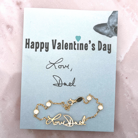 Your handwritten words worn delicately on the wrist,
There to clutch when you are most missed

14K yellow, white or rose gold
2mm thick
1.3mm diamond-cut chain w/ adjustable loops for 6, 6.5 &amp;amp; 7 inch length
Four ethically-sourced, bezel-set round diamonds (total weight: ~0.64 cts)
Pendant height and length vary by piece, and will be approved by you prior to crafting