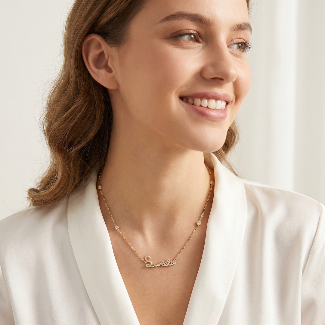 Their handwritten words rest close to the heart,
To gaze upon and to hold when you are apart

14K yellow, white or rose gold
2mm thick
1.3mm diamond-cut chain w/ adjustable loops for 16, 17 &amp;amp; 18 inch length
Four ethically-sourced, bezel-set round diamonds (total weight: ~0.64 cts, excluding pave diamonds)
Pendant height, length and pave diamond weight vary by piece, and will be approved by you prior to crafting