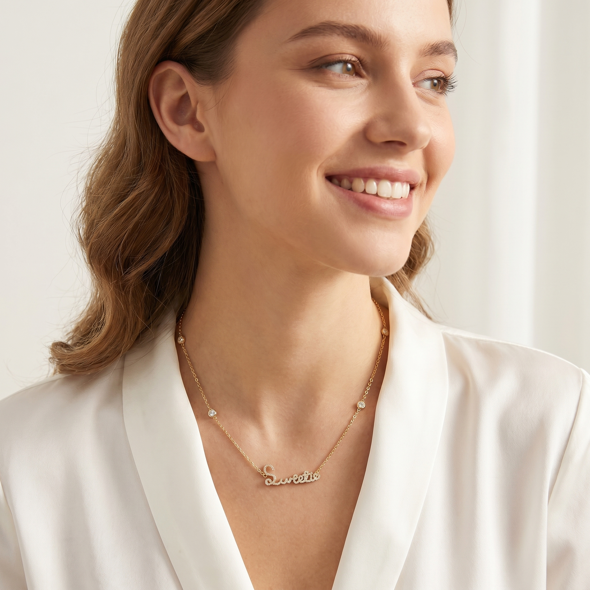 Their handwritten words rest close to the heart,
To gaze upon and to hold when you are apart

14K yellow, white or rose gold
2mm thick
1.3mm diamond-cut chain w/ adjustable loops for 16, 17 &amp; 18 inch length
Four ethically-sourced, bezel-set round diamonds (total weight: ~0.64 cts, excluding pave diamonds)
Pendant height, length and pave diamond weight vary by piece, and will be approved by you prior to crafting