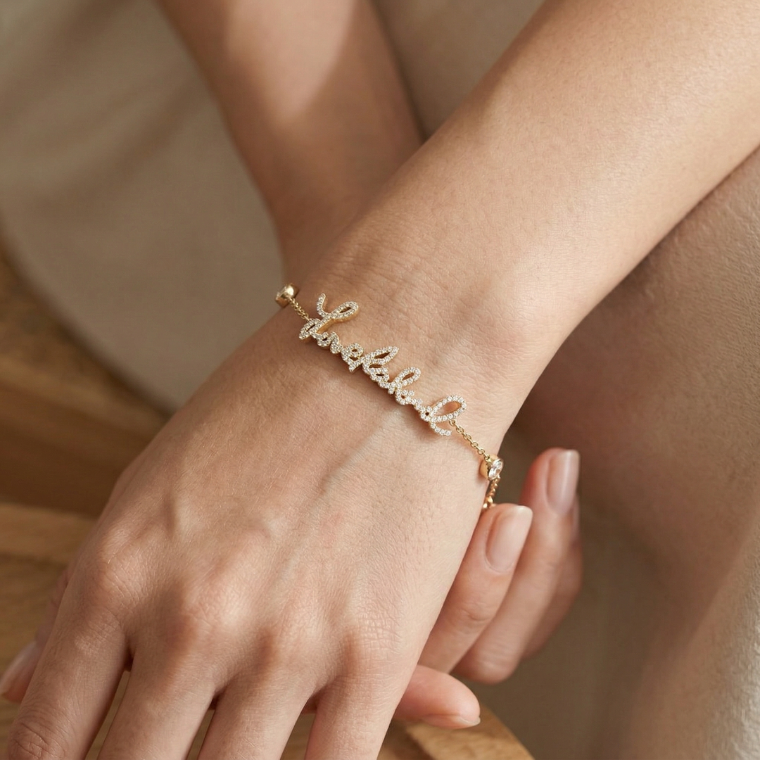 Love RIchard custom handcrafted pave bracelet made from real handwriting. Yellow gold and diamonds.