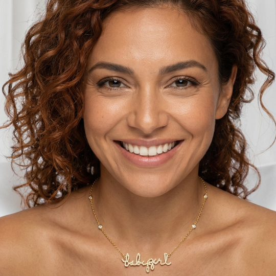 Your handwritten words rest close to the heart,
To gaze upon and to hold when you are apart

Your unique handwritten necklace in thick 14K gold, encrusted in pave diamonds, on an adjustable 18" diamond-cut chain featuring four sparkling bezel-set diamonds