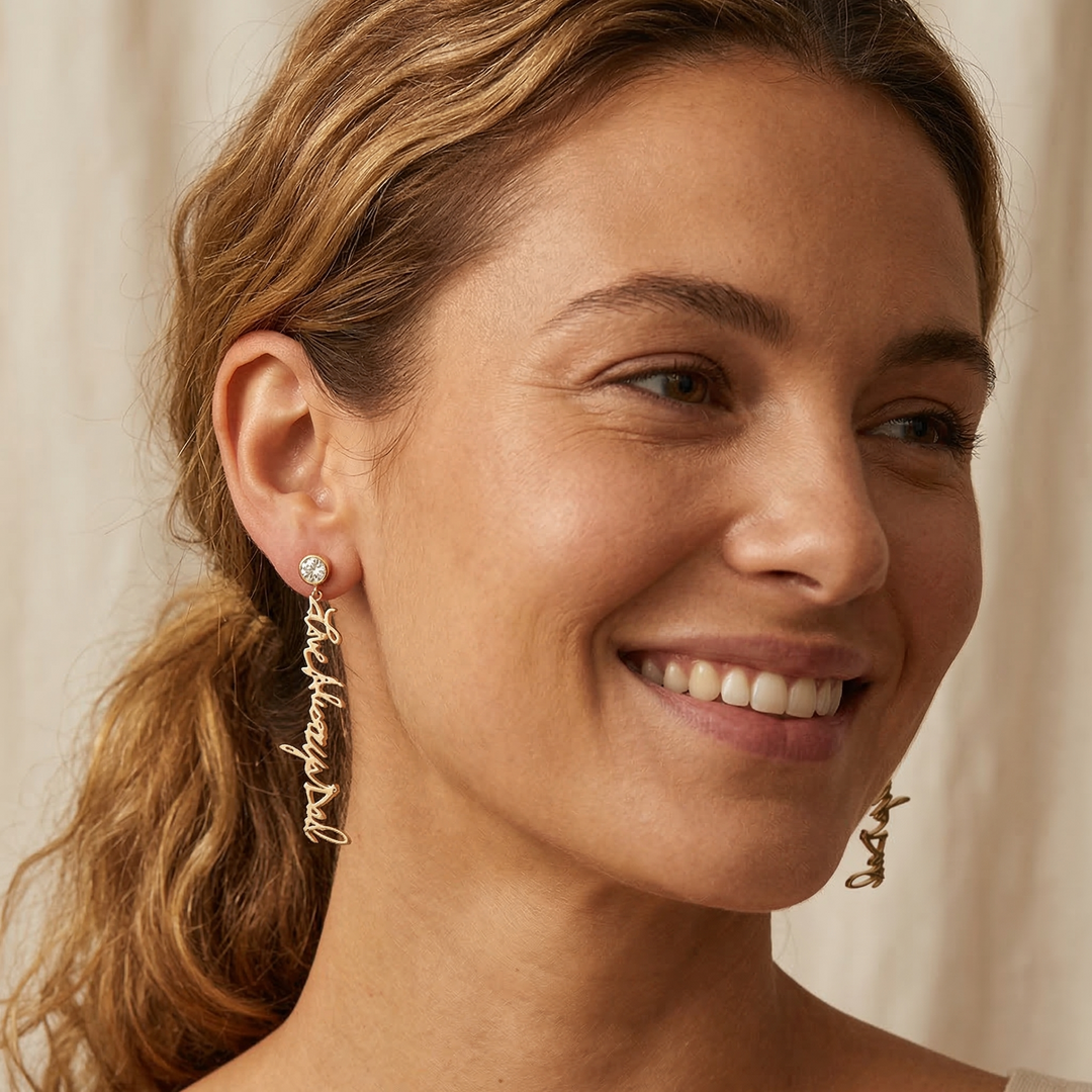 Gold and diamond custom Love Always Dad dangle earrings