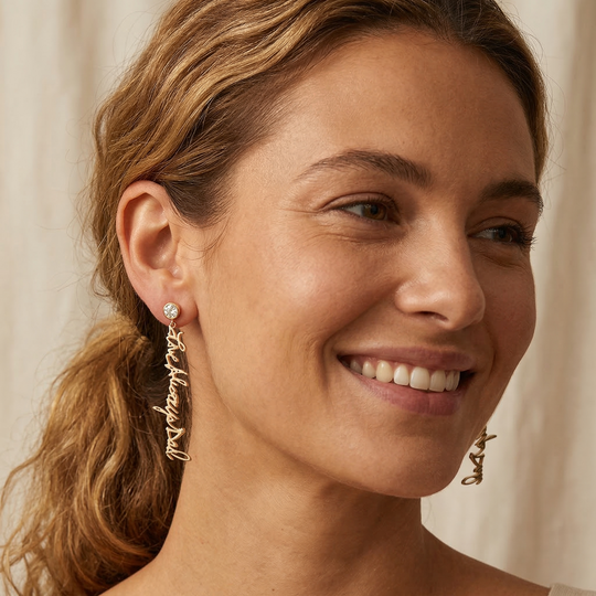 Gold and diamond custom Love Always Dad dangle earrings