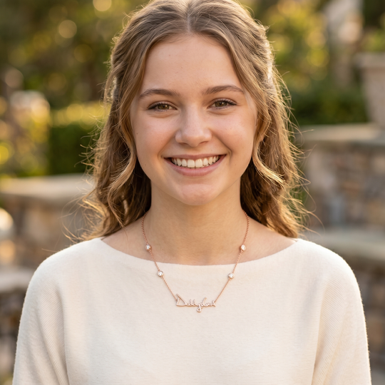 Your handwritten words rest close to the heart,
To gaze upon and to hold when you are apart

14K yellow, white or rose gold
2mm thick
1.3mm diamond-cut chain w/ adjustable loops for 16, 17 &amp;amp; 18 inch length
Four ethically-sourced, bezel-set round diamonds (total weight: ~0.64 cts)
Pendant height and length vary by piece, and will be approved by you prior to crafting
