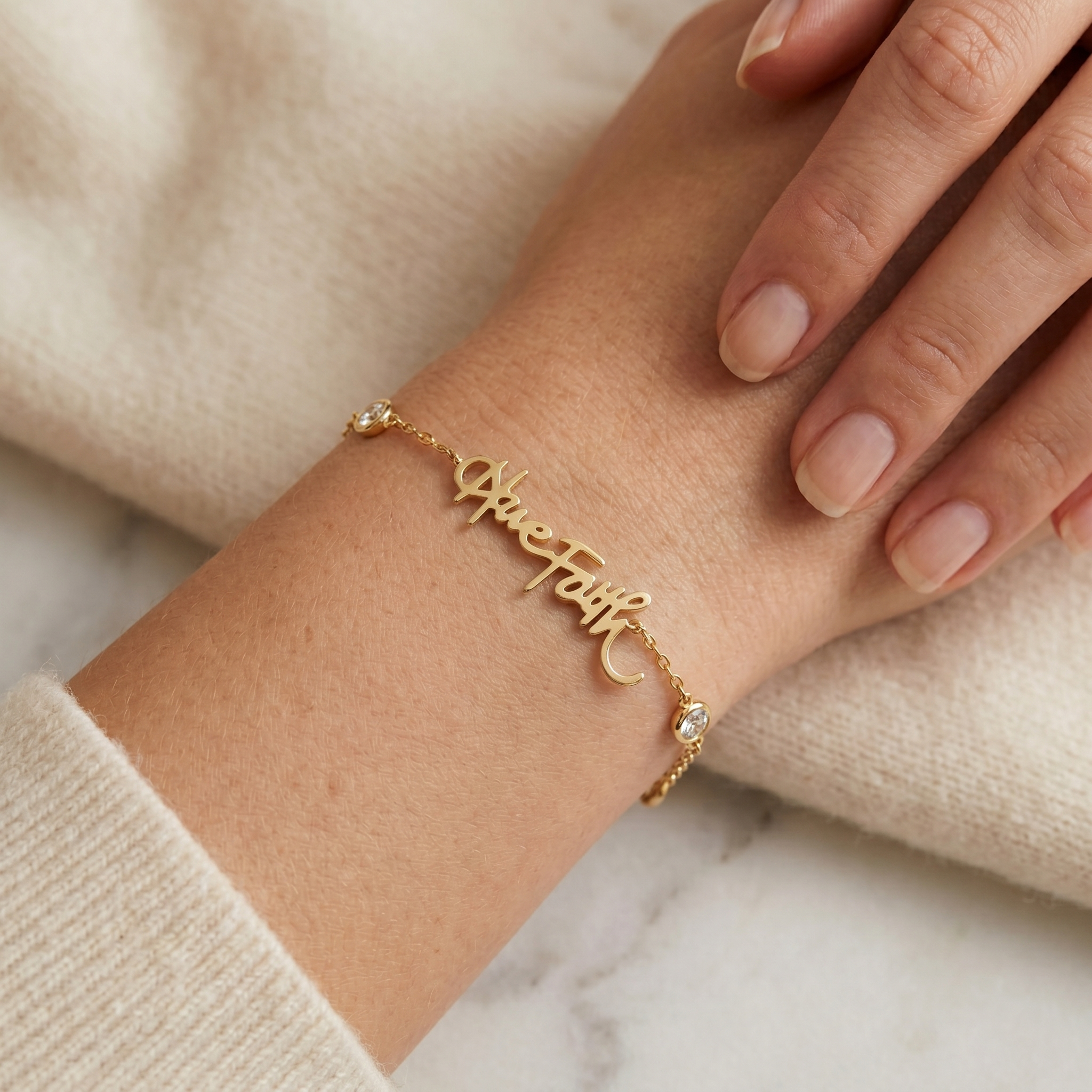 Your handwritten words worn delicately on the wrist,
There to clutch when you are most missed

14K yellow, white or rose gold
2mm thick
1.3mm diamond-cut chain w/ adjustable loops for 6, 6.5 &amp; 7 inch length
Four ethically-sourced, bezel-set round diamonds (total weight: ~0.64 cts)
Pendant height and length vary by piece, and will be approved by you prior to crafting