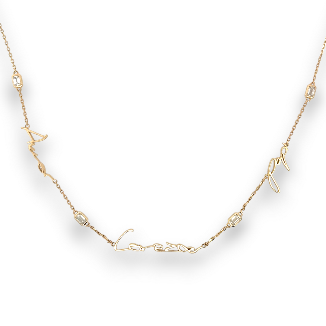 Three sets of handwritten words on display,
To help them feel closer when you are away

Your unique handwritten necklace featuring three different phrases, in thick 14K gold on an adjustable 18" diamond-cut chain including four sparkling emerald cut diamonds