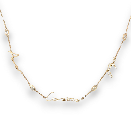 Three sets of handwritten words on display,
To help them feel closer when you are away

Your unique handwritten necklace featuring three different phrases, in thick 14K gold on an adjustable 18" diamond-cut chain including four sparkling emerald cut diamonds