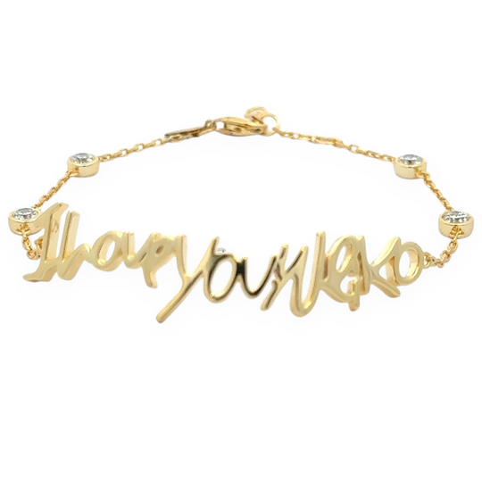 Your handwritten words worn delicately on the wrist,
There to clutch when you are most missed

14K yellow, white or rose gold
2mm thick
1.3mm diamond-cut chain w/ adjustable loops for 6, 6.5 &amp;amp; 7 inch length
Four ethically-sourced, bezel-set round diamonds (total weight: ~0.64 cts)
Pendant height and length vary by piece, and will be approved by you prior to crafting