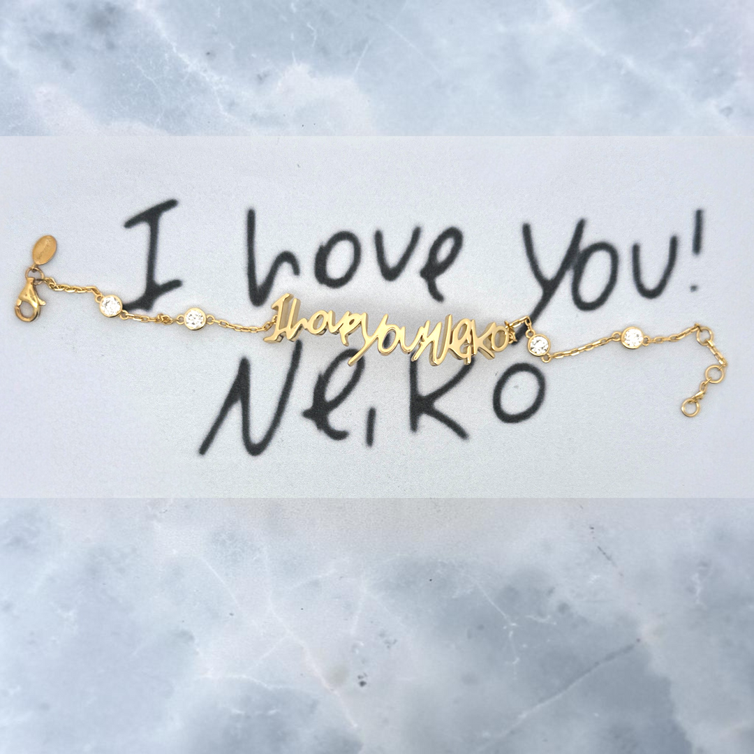 Your handwritten words worn delicately on the wrist,
There to clutch when you are most missed

14K yellow, white or rose gold
2mm thick
1.3mm diamond-cut chain w/ adjustable loops for 6, 6.5 &amp;amp; 7 inch length
Four ethically-sourced, bezel-set round diamonds (total weight: ~0.64 cts)
Pendant height and length vary by piece, and will be approved by you prior to crafting