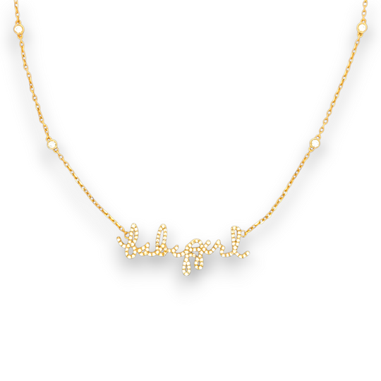 Your handwritten words rest close to the heart,
To gaze upon and to hold when you are apart

Your unique handwritten necklace in thick 14K gold, encrusted in pave diamonds, on an adjustable 18" diamond-cut chain featuring four sparkling bezel-set diamonds