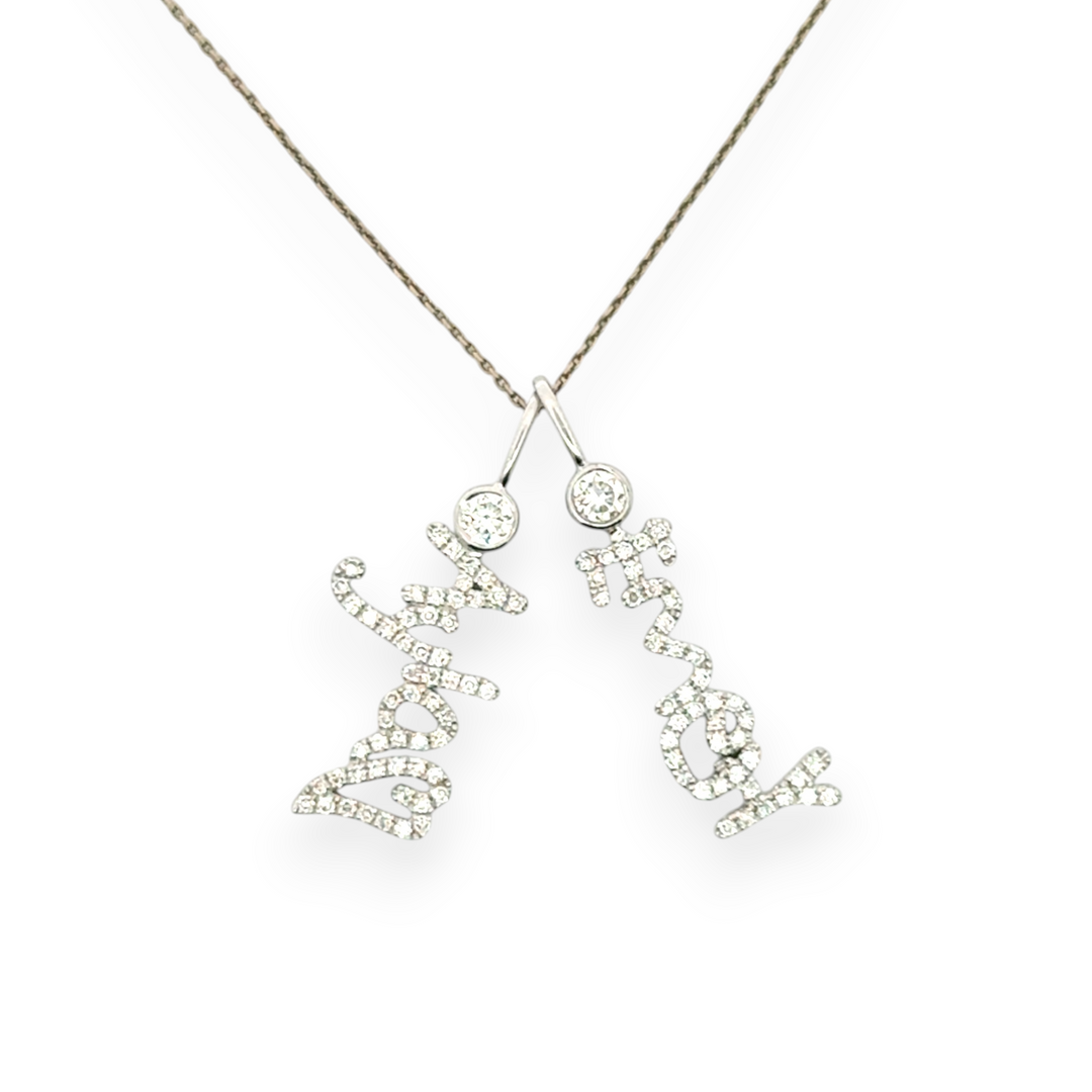 Forevermore, their love is told,
Worn close to the heart, written in gold

14K yellow, white or rose gold
2mm thick

Ethically-sourced, bezel-set round diamond (total weight: ~0.06 cts, excluding pave diamonds)
Pendant height and length vary by piece, and will be approved by you prior to crafting
Optional: 1.1mm diamond-cut chain w/ lobster clasp and adjustable loops for 16, 17 &amp;amp; 18 inch length
