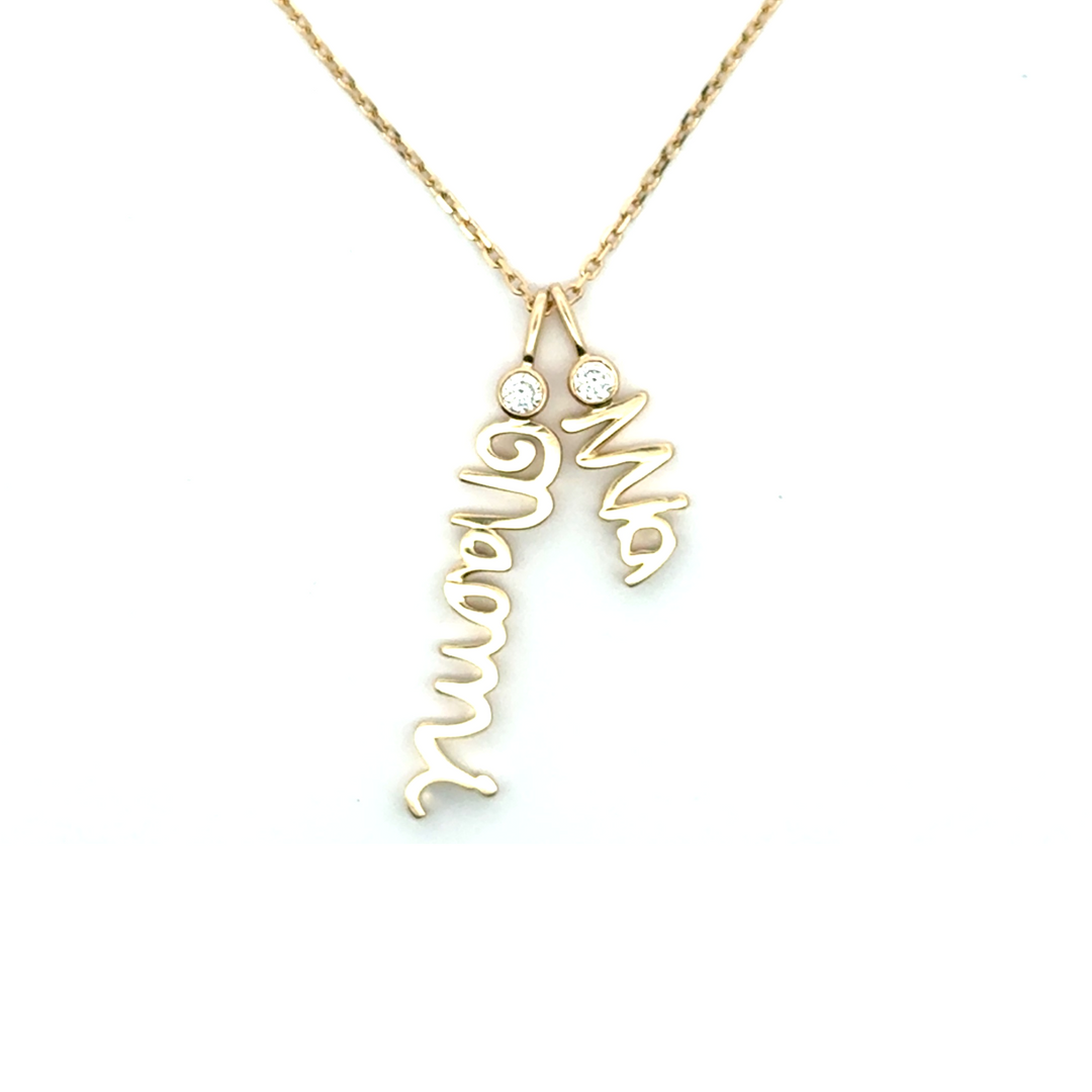Forevermore, their love is told,
Worn close to the heart, written in gold

14K yellow, white or rose gold
2mm thick

Ethically-sourced, bezel-set round diamond (total weight: ~0.06 cts)
Pendant height and length vary by piece, and will be approved by you prior to crafting
Optional: 1.1mm diamond-cut chain w/ lobster clasp and adjustable loops for 16, 17 &amp;amp; 18 inch length