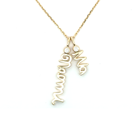 Forevermore, their love is told,
Worn close to the heart, written in gold

14K yellow, white or rose gold
2mm thick

Ethically-sourced, bezel-set round diamond (total weight: ~0.06 cts)
Pendant height and length vary by piece, and will be approved by you prior to crafting
Optional: 1.1mm diamond-cut chain w/ lobster clasp and adjustable loops for 16, 17 &amp;amp; 18 inch length