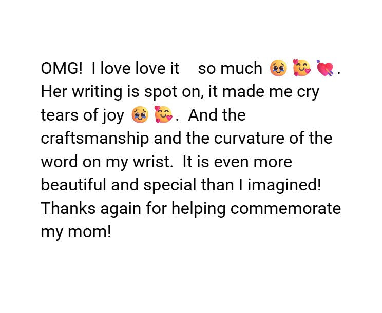 Engraved jewelry features personalized necklaces, earrings, and bracelets in 14K Gold, 14K White Gold and 14K Rose Gold. Custom hand writing, names, dates, or heartfelt messages. 