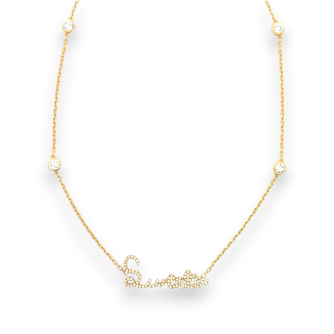 Their handwritten words rest close to the heart,
To gaze upon and to hold when you are apart

14K yellow, white or rose gold
2mm thick
1.3mm diamond-cut chain w/ adjustable loops for 16, 17 &amp;amp; 18 inch length
Four ethically-sourced, bezel-set round diamonds (total weight: ~0.64 cts, excluding pave diamonds)
Pendant height, length and pave diamond weight vary by piece, and will be approved by you prior to crafting
