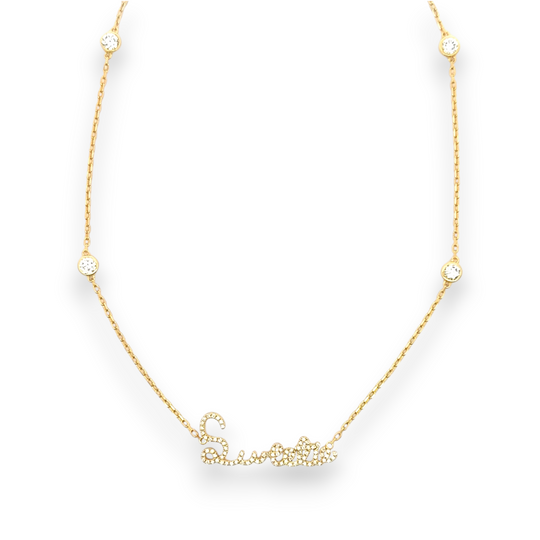 Their handwritten words rest close to the heart,
To gaze upon and to hold when you are apart

14K yellow, white or rose gold
2mm thick
1.3mm diamond-cut chain w/ adjustable loops for 16, 17 &amp;amp; 18 inch length
Four ethically-sourced, bezel-set round diamonds (total weight: ~0.64 cts, excluding pave diamonds)
Pendant height, length and pave diamond weight vary by piece, and will be approved by you prior to crafting