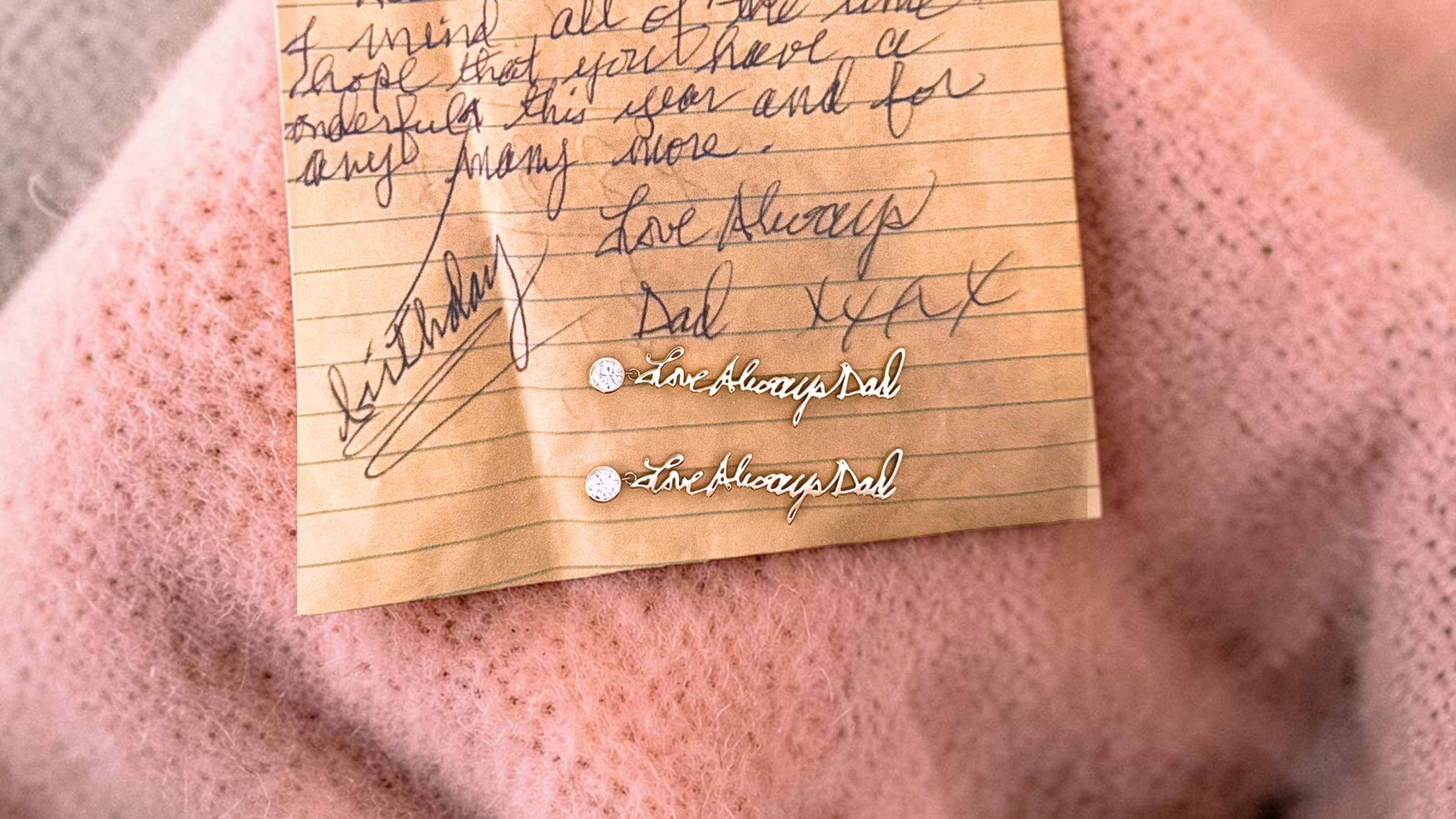 Paper fades.  Gold lasts forever.  Turn your handwritten message into an heirloom.  Made for you in gold and diamonds.  Custom.  Begin your piece.  Love Daddy