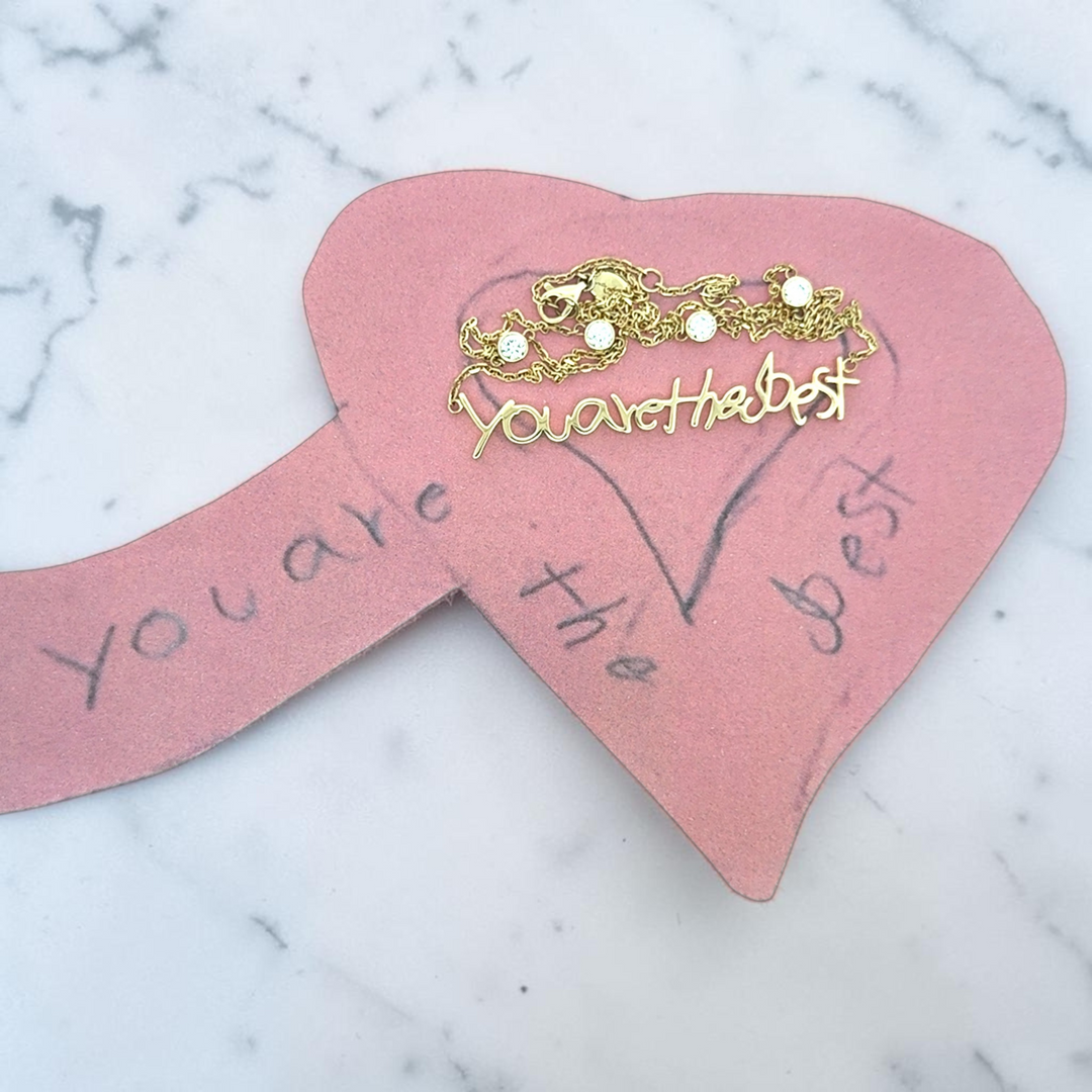 Your handwritten words rest close to the heart,
To gaze upon and to hold when you are apart

14K yellow, white or rose gold
2mm thick
1.3mm diamond-cut chain w/ adjustable loops for 16, 17 &amp;amp; 18 inch length
Four ethically-sourced, bezel-set round diamonds (total weight: ~0.64 cts)
Pendant height and length vary by piece, and will be approved by you prior to crafting