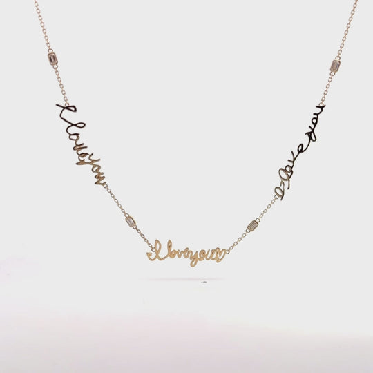 I love you mom, three kids handwritten messages for mother for Mothers Day, handwritten custom fine jewelry necklace.  Emerald-cut bezel set diamonds.  Hearts.  Heirloom keepsake.