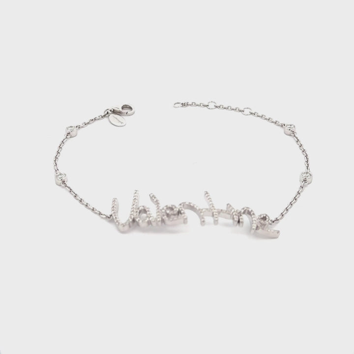 Your handwritten words worn delicately on the wrist,
There to clutch when you are most missed

Your unique handwritten bracelet in thick 14K gold, encrusted in pave diamonds, on an adjustable 7" diamond-cut chain featuring four sparkling bezel-set diamonds