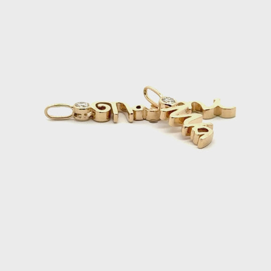 Forevermore, their love is told,
Worn close to the heart, written in gold

14K yellow, white or rose gold
2mm thick

Ethically-sourced, bezel-set round diamond (total weight: ~0.06 cts)
Pendant height and length vary by piece, and will be approved by you prior to crafting
Optional: 1.1mm diamond-cut chain w/ lobster clasp and adjustable loops for 16, 17 &amp;amp; 18 inch length