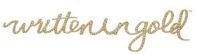 Decorative text 'written in gold' with a sparkling effect on a white background LOGO